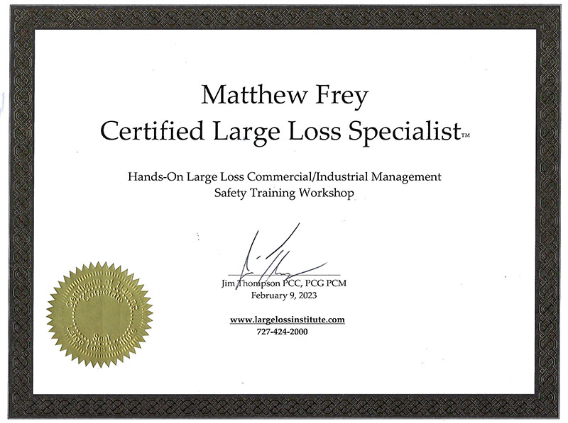 Matthew Frey Certfied Large Loss Specialist Bulovas Restorations